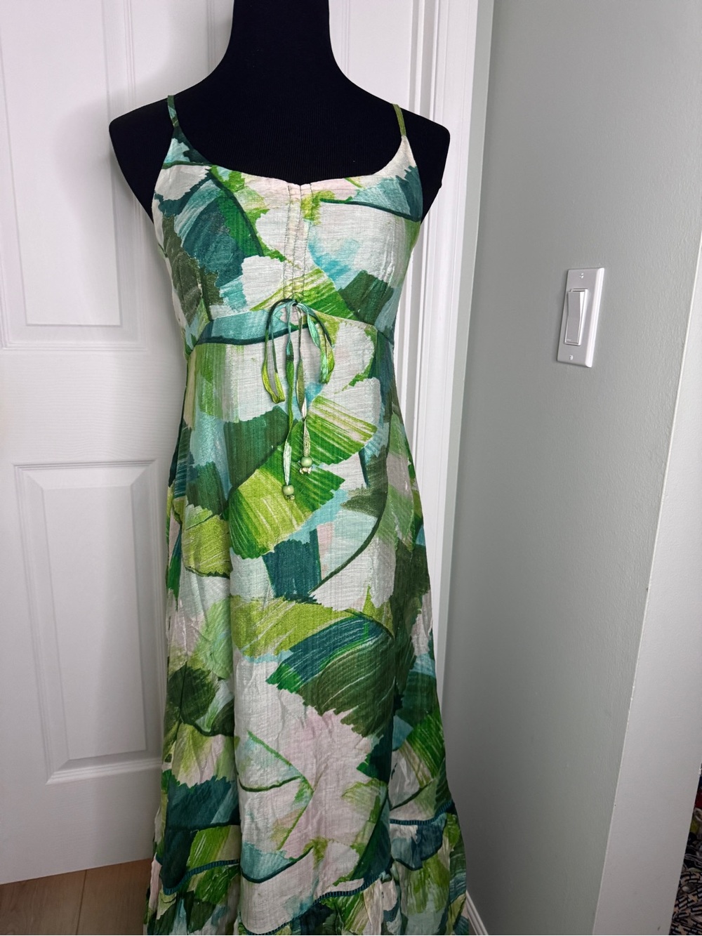 1. State Green Leaf-Print Spaghetti Strap Maxi Dress with Front Tie
